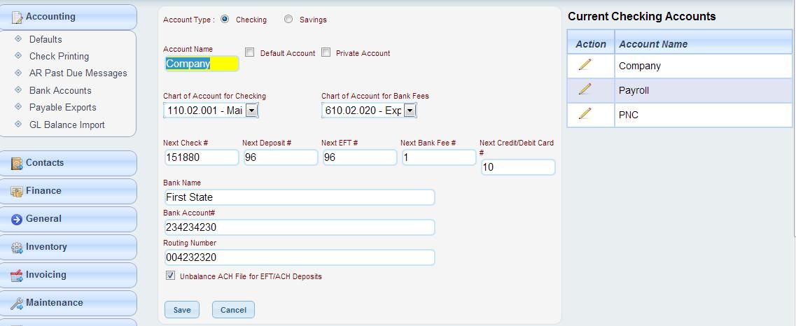 settings - accounting - bank accounts